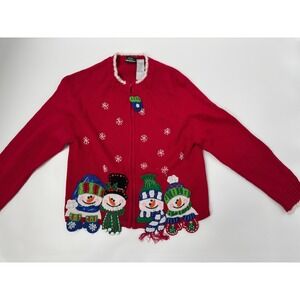 Girls Red Holiday Snowman Sweater Jacket Size 12/14 – Festive Christmas Knit Zip